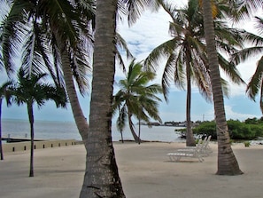 On the beach, sun loungers, beach towels
