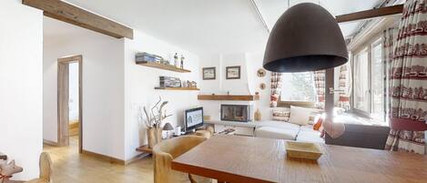 TV, fireplace, DVD player, music library