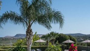 A pool area with lounge chairs, umbrellas, and a palm tree. - Villa w/Private Pool, Play Area, BBQ & Ping Pong (Rethymnon)