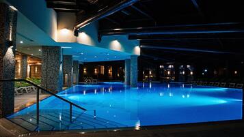 Indoor pool, outdoor pool, open 8:00 AM to 8:00 PM, pool umbrellas