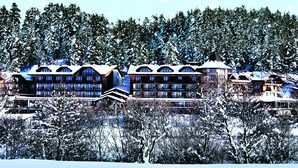 A hotel with multiple buildings, surrounded by snow-covered trees and a clear sky. - Hot Springs Medical and Spa Hotel (Razlog)