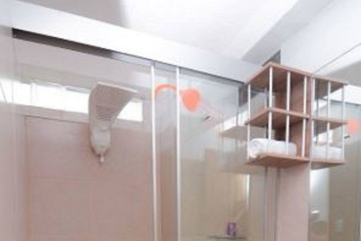 Shower, rainfall showerhead, free toiletries, hair dryer