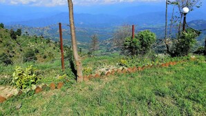 A rural landscape with a clear view of distant mountains, a barbed wire fence, and a variety of vegetation. - OP Village Resort (Ravi Opi)