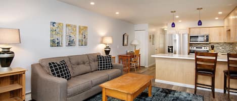 Fireplace, video library, stereo