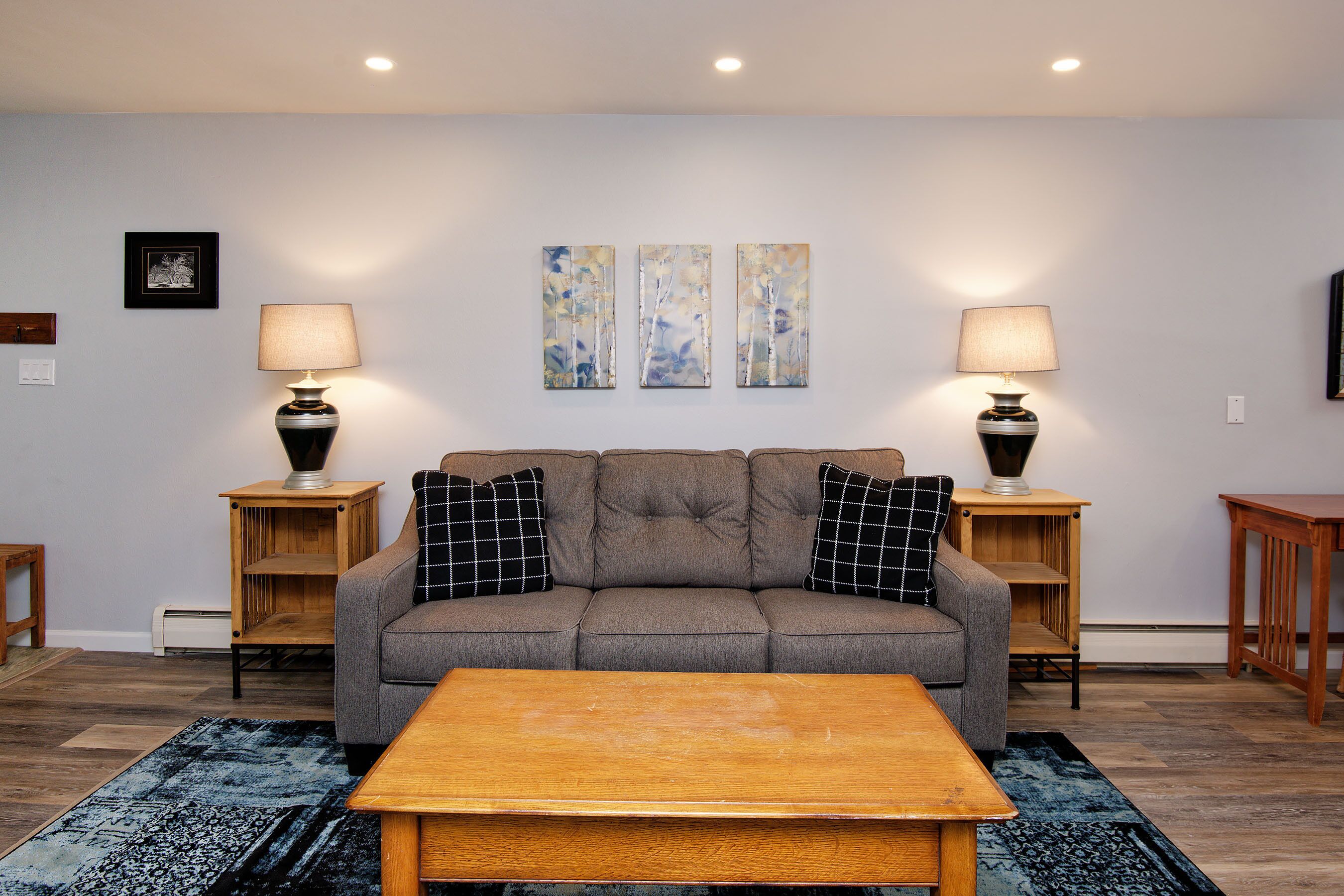 Ein Wohnzimmer mit einem grauen Sofa, zwei Beistelltischen mit Lampen, einem Holztisch als Couchtisch und einem gemusterten Teppich.