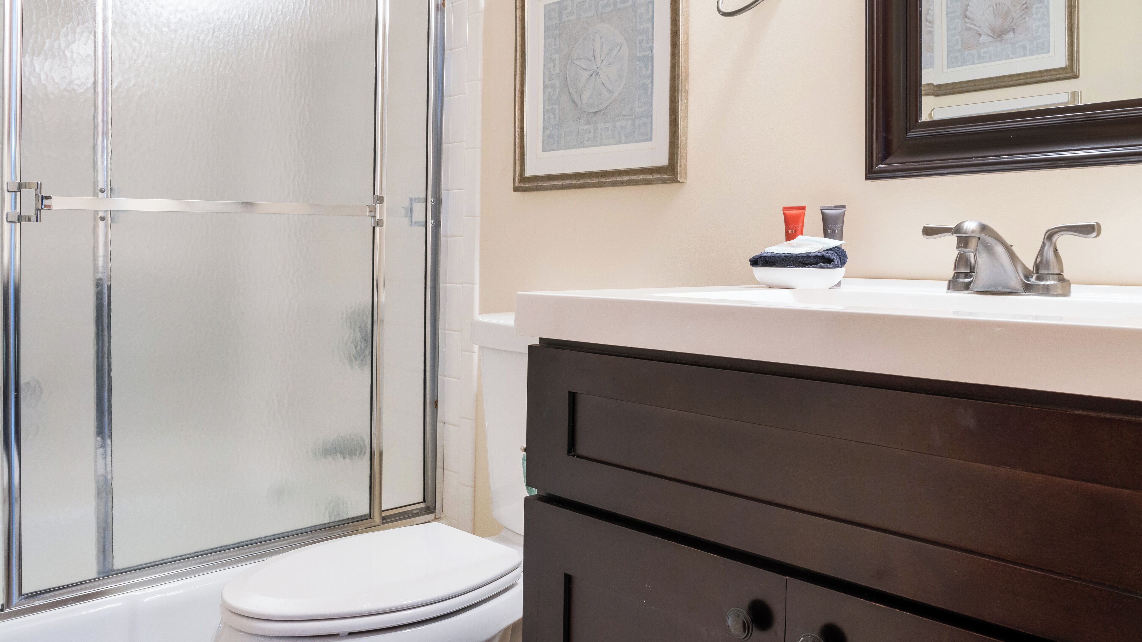 A bathroom with a glass shower enclosure, a white toilet, a vanity with a mirror, and a framed picture on the wall.