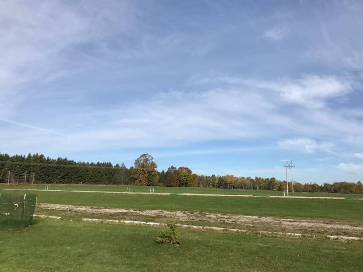 Un campo abierto con cielo despejado, algunos árboles y una estructura de línea eléctrica a lo lejos.
