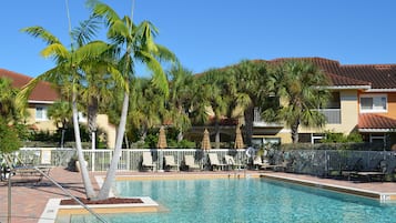 Outdoor pool, open 8:00 AM to 6:00 PM, pool umbrellas, pool loungers