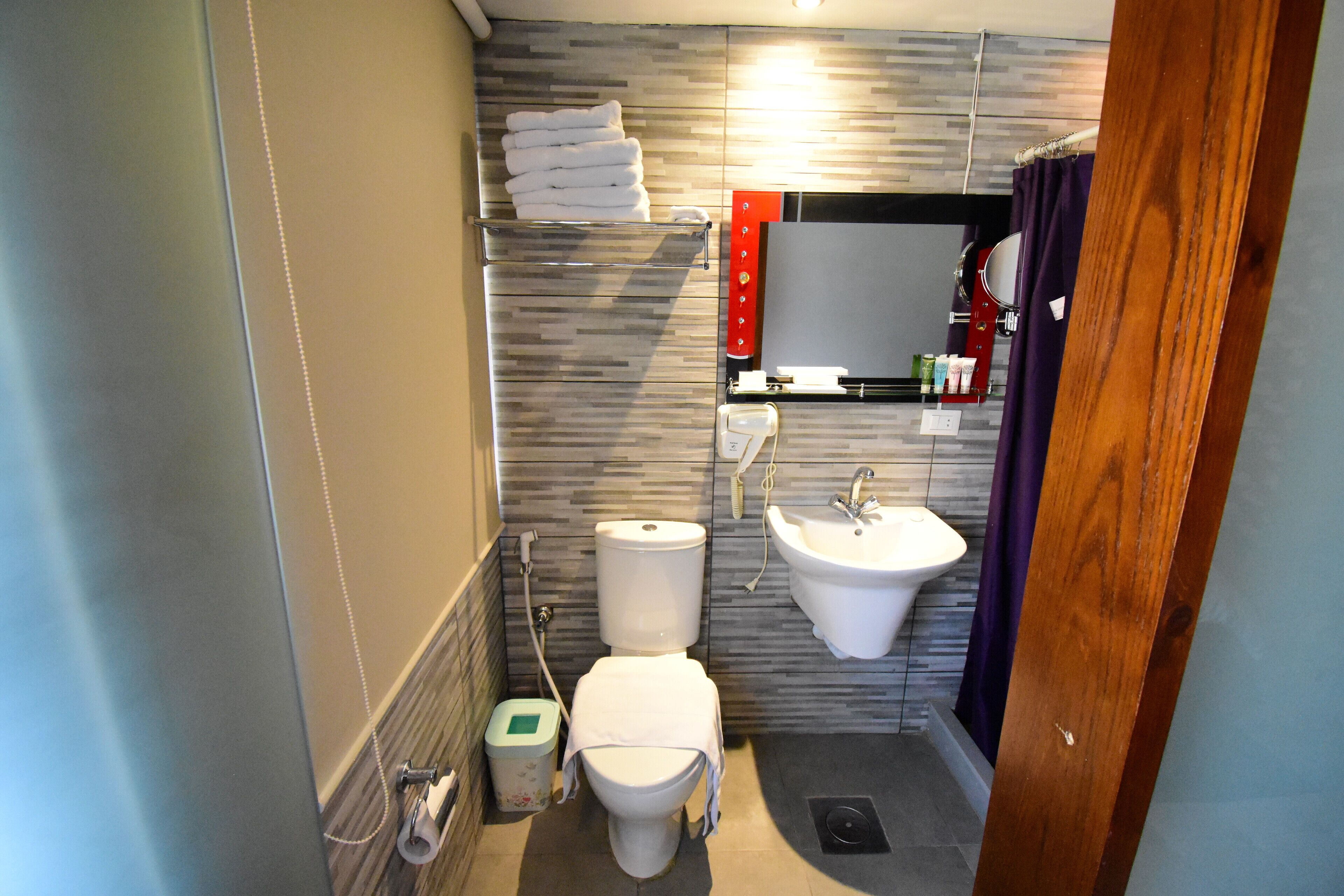 designer toiletries, hair dryer, slippers, bidet