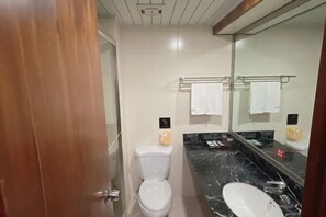 Une salle de bain avec des toilettes, un lavabo et un miroir.