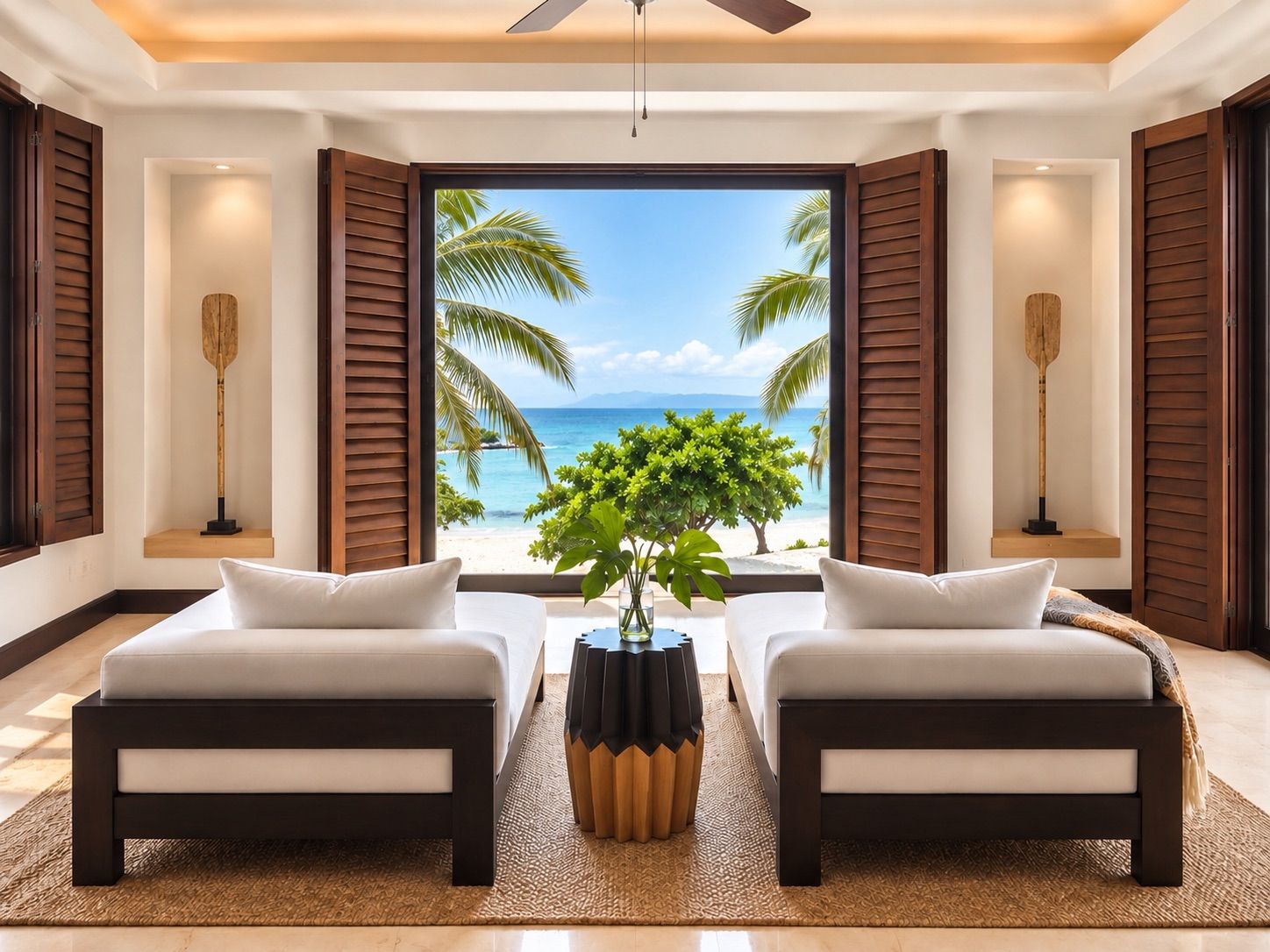 A room with two beds, a large window with a beach view, and a ceiling fan.