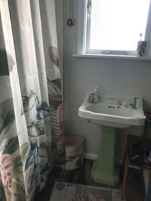 Een bad/douchecombinatie, een haardroger, zeep, toiletpapier