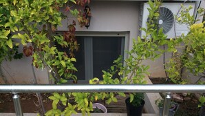Ein Balkon mit Metallgeländer, Blumentöpfen und einem Fenster mit heruntergelassener Rollo.