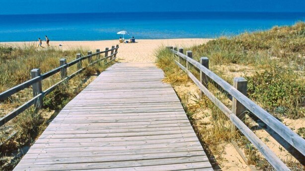 A wooden boardwalk leading to a beach with a clear blue sky.