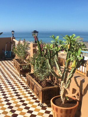 A terrace with a checkered floor, potted plants, and a view of the sea.