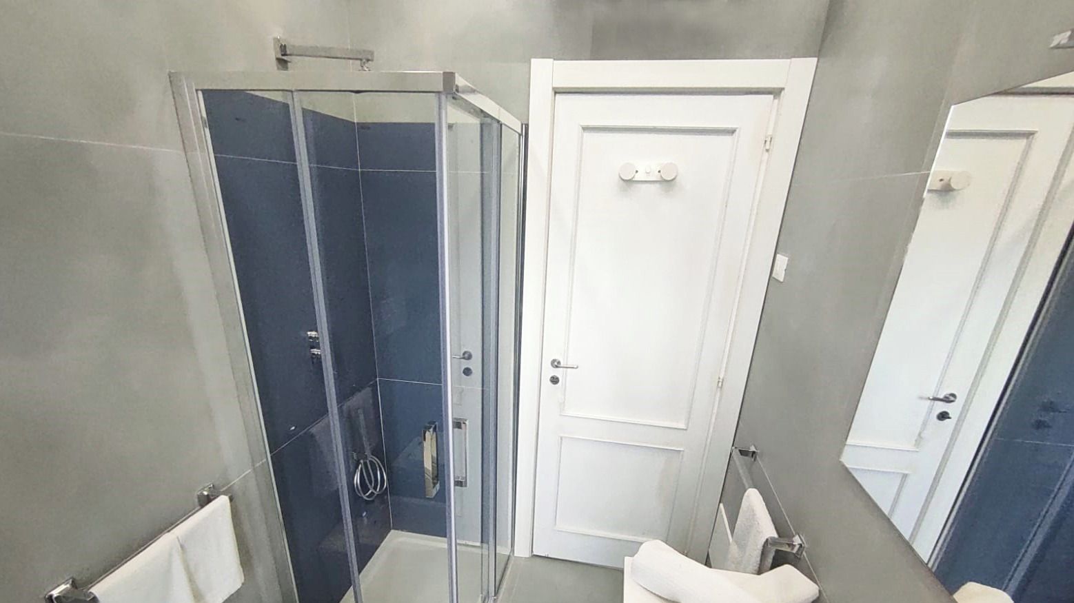 Une salle de bain avec une douche à parois de verre, un lavabo blanc et un miroir.