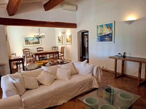 Smart TV, fireplace, DVD player, books