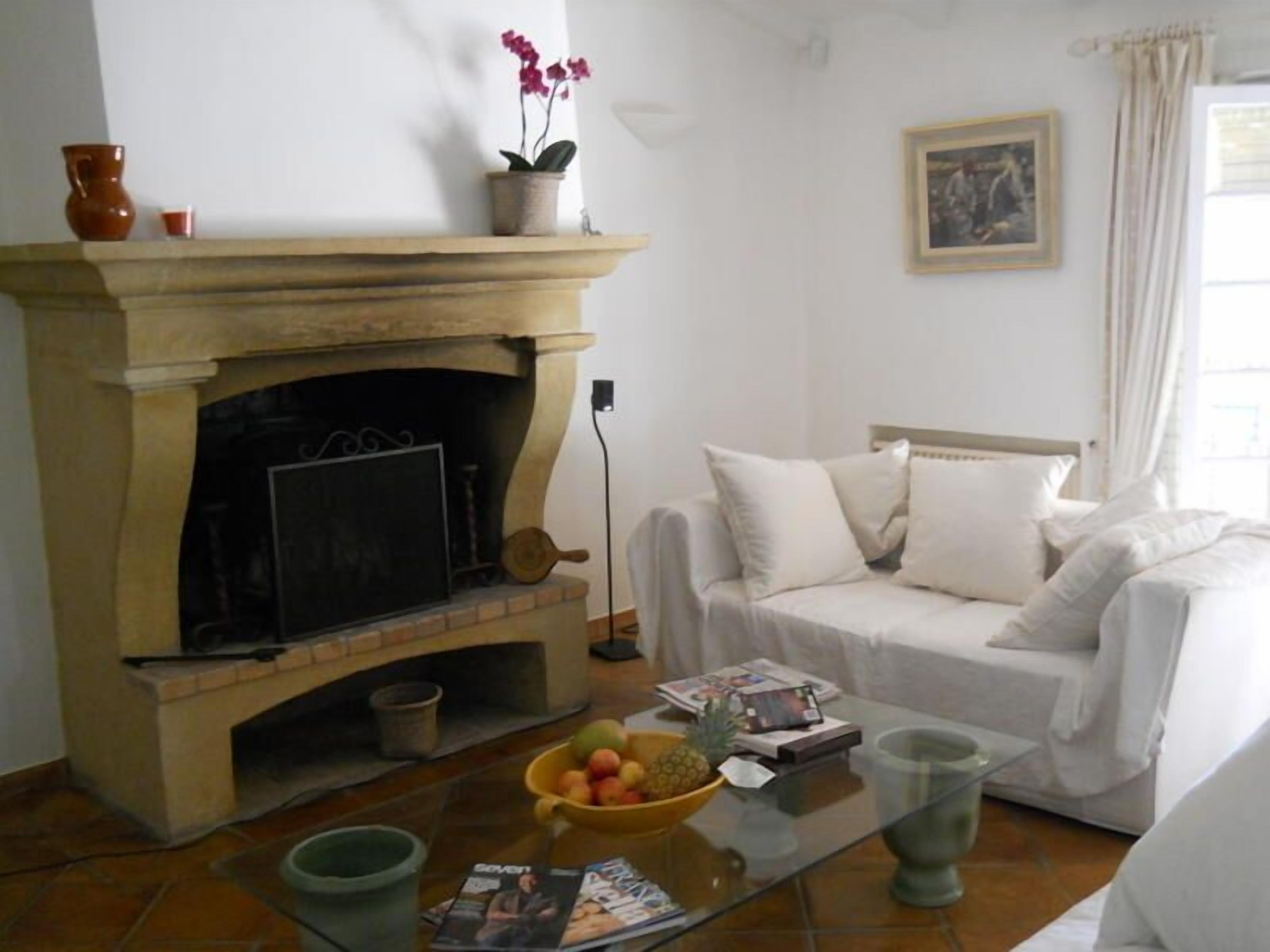 Smart TV, caminetto, lettore DVD, libri