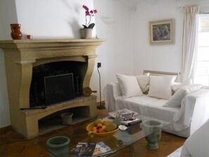 TV connectée, cheminée, lecteur de DVD, livres