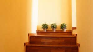 Een houten trap met drie potplanten bovenaan.