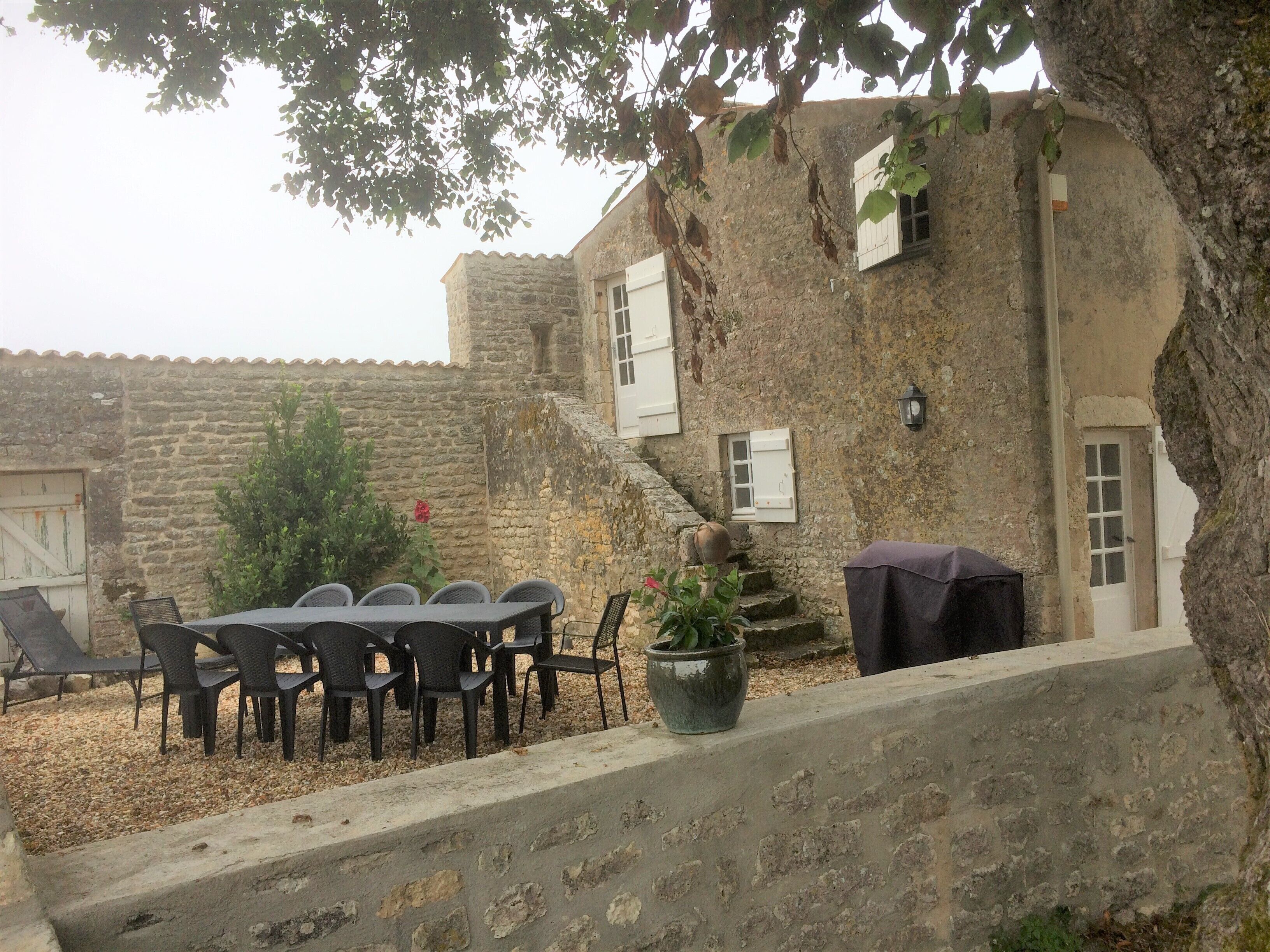 An outdoor seating area with a stone wall, a table with chairs, and a potted plant.
