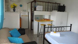 A compact room with a bed, a sofa, a kitchenette, and a small dining area.