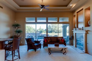 Smart TV, fireplace, DVD player, books