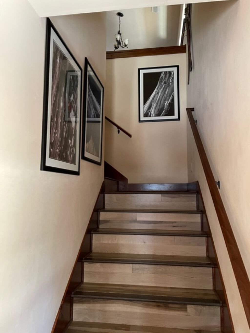 A wooden staircase with a handrail, framed artwork on the walls, and a chandelier above.