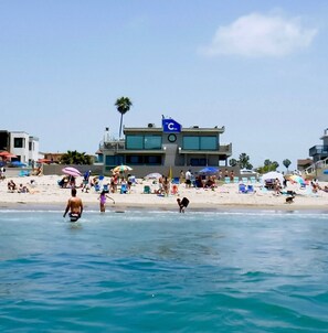 On the beach, sun loungers, beach towels