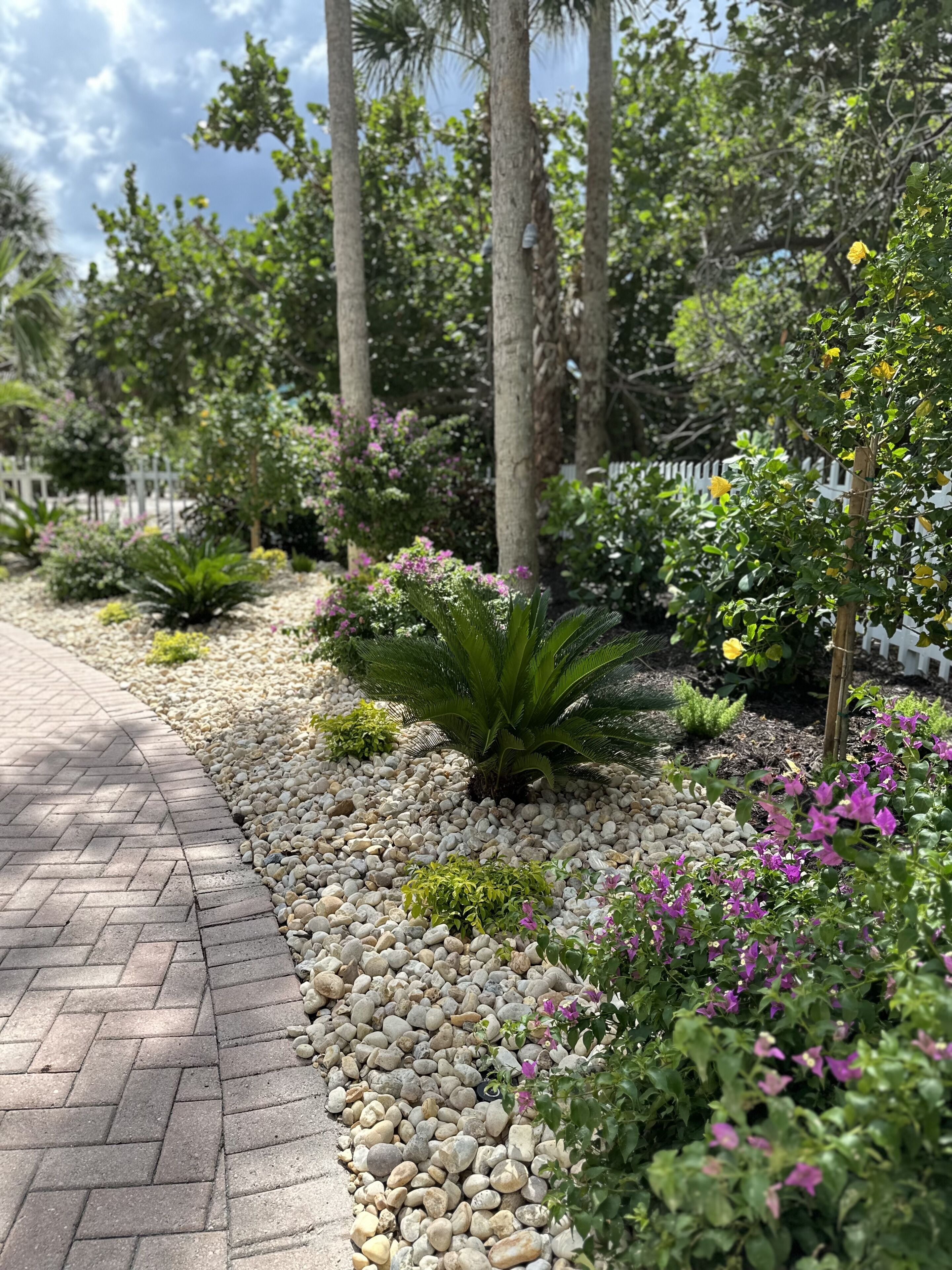 Ein Gartenpfad mit Ziegelbordur, umgeben von unterschiedlichen Pflanzen und Bäumen.