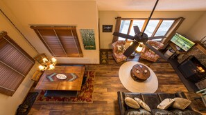 Smart TV, fireplace, books