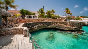 A stone bridge leading to a turquoise pool surrounded by palm trees and a white building with a red roof. - Ocean front Villa on the most magnificient location, only 3 steps from the ocean (Belnem Bonaire)