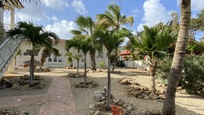 A pathway lined with palm trees and a tiled walkway leading to a building with a red roof. - Ocean front Villa on the most magnificient location, only 3 steps from the ocean (Belnem Bonaire)