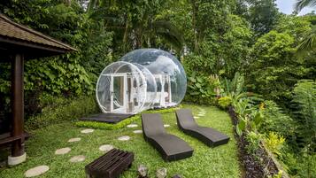 A transparent dome structure in a lush garden with a wooden bench and a small gazebo.