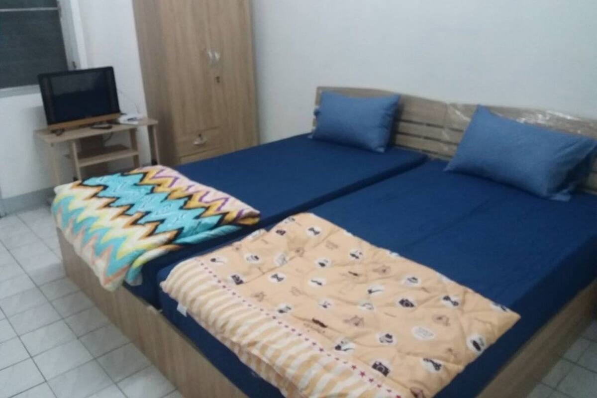 Un dormitorio con una cama, dos almohadas, un televisor sobre un mueble bajo y un armario.