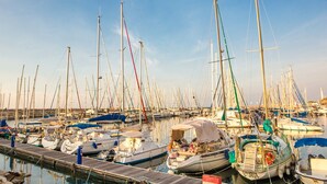 A marina with numerous boats docked at wooden piers. - Premium suites on Beach Ben Yehuda 43 (Tel Aviv)