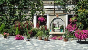 A courtyard with a stone bench, potted plants, and a stone wall with climbing plants. - Erlebnisbauernhof Tschom (Sankt Kanzian am Klopeiner See)
