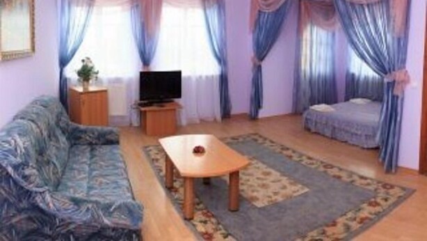 A living room with a sofa, a TV, a coffee table, and a bed. - Kaufman (Konopnytsia)