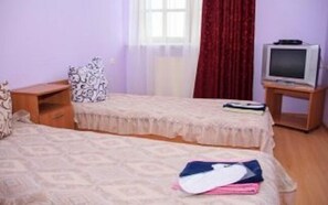 A room with two beds, a TV on a stand, and a window with curtains. - Kaufman (Konopnytsia)