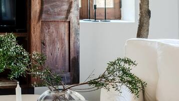 Een smart-tv, een open haard, een dvd-speler en een tafeltennistafel