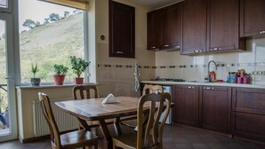Une cuisine avec des meubles en bois, un pare-feu en carreaux, une fenêtre ornée de plantes en pot et une table à manger avec des chaises.