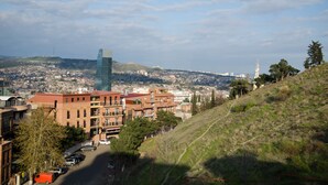 Un quartier résidentiel situé sur une colline, avec des bâtiments modernes et traditionnels, un imposant gratte-ciel en verre et une vue lointaine sur le paysage urbain.