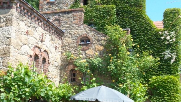 A historic stone building with ivy-covered walls and a flag atop a tower. - Manor at the moated castle (Döbschütz)
