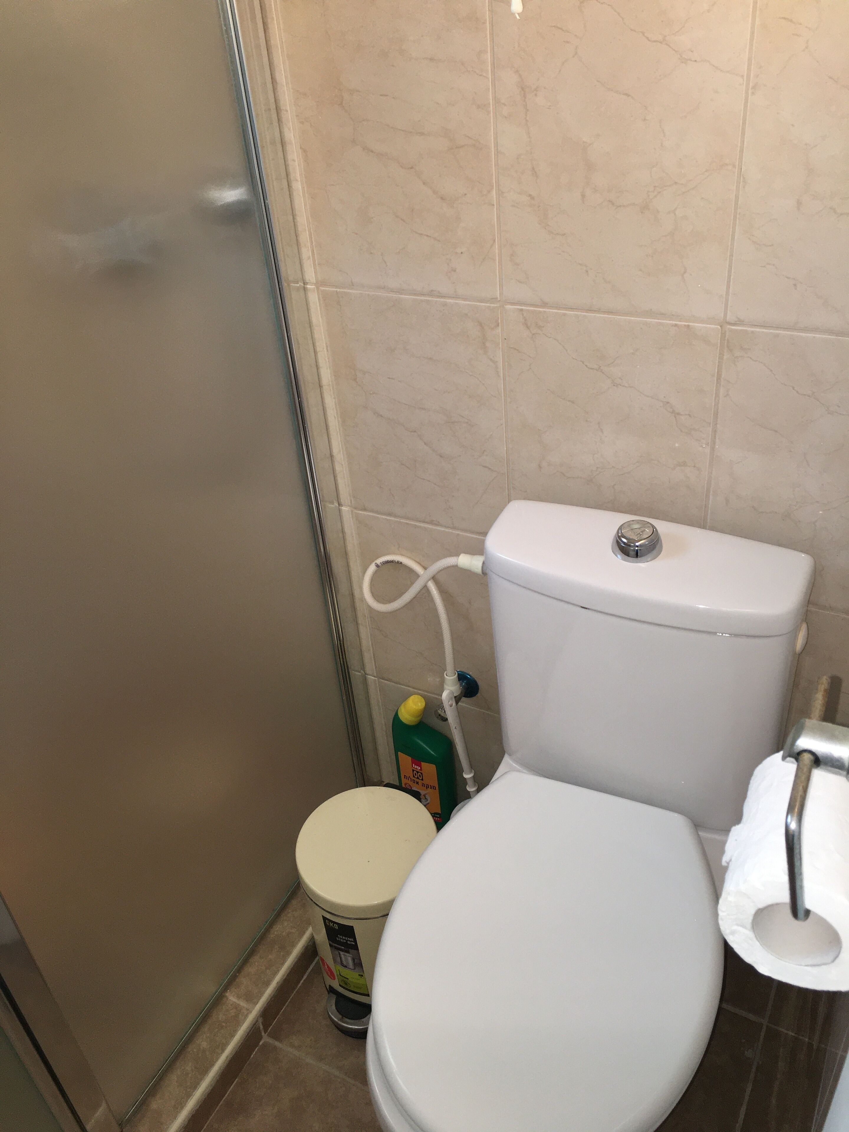 A bathroom with a toilet, a bidet, and a shower.