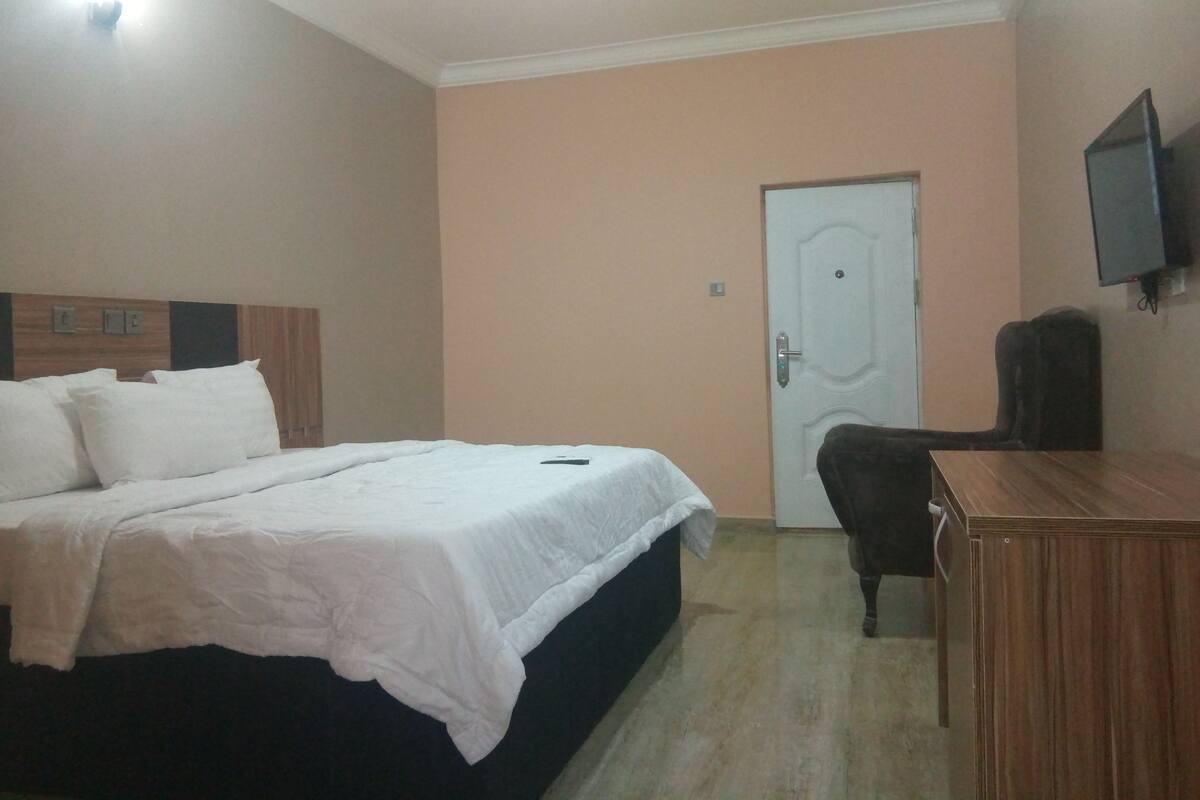 A hotel room with a bed, a desk, a chair, a television, and a door.