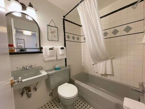 Een bad/douchecombinatie, een haardroger