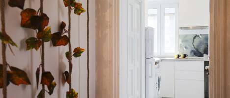 Fridge, microwave, oven, coffee/tea maker