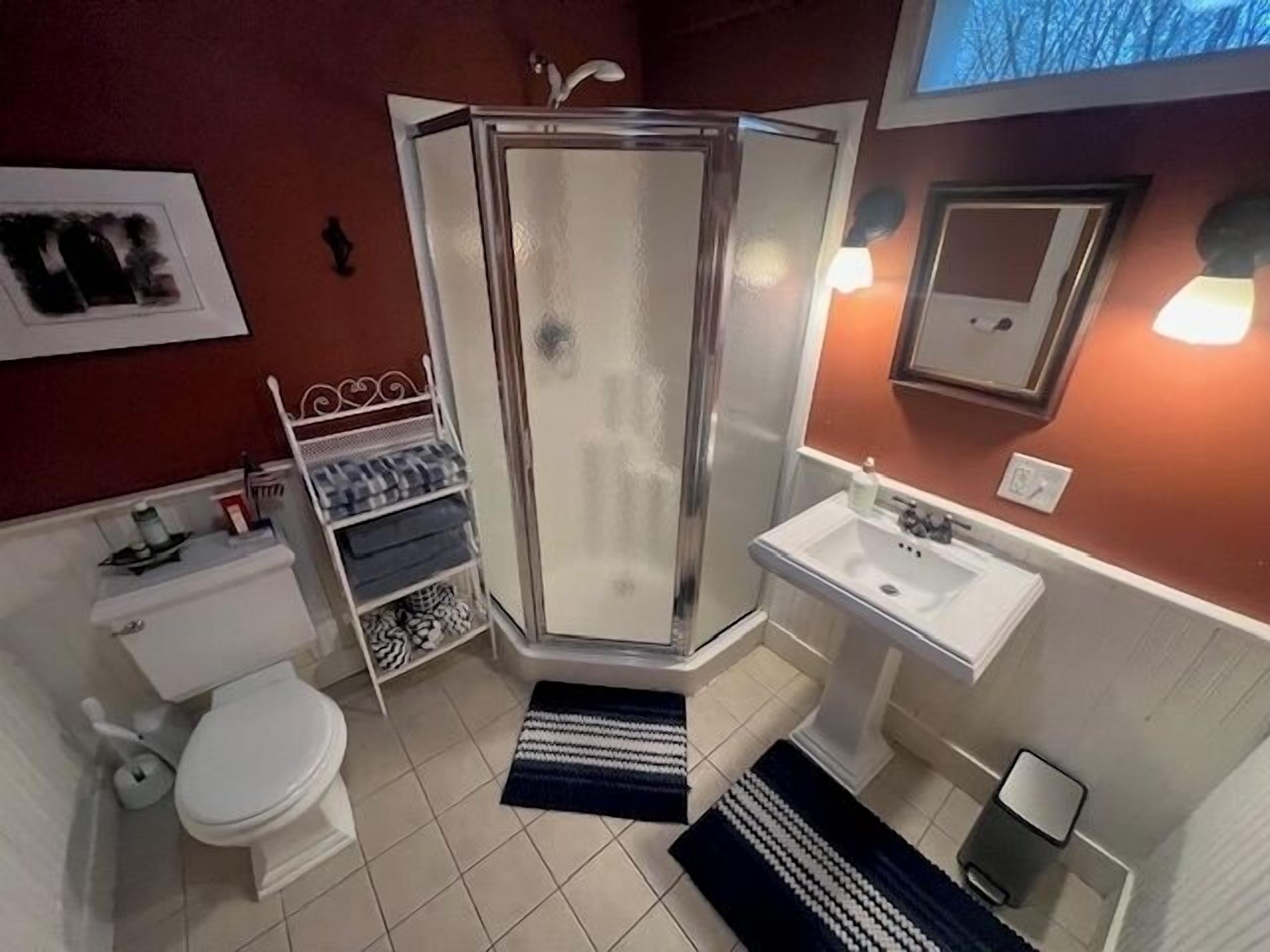 Bathtub, hair dryer, towels, toilet paper