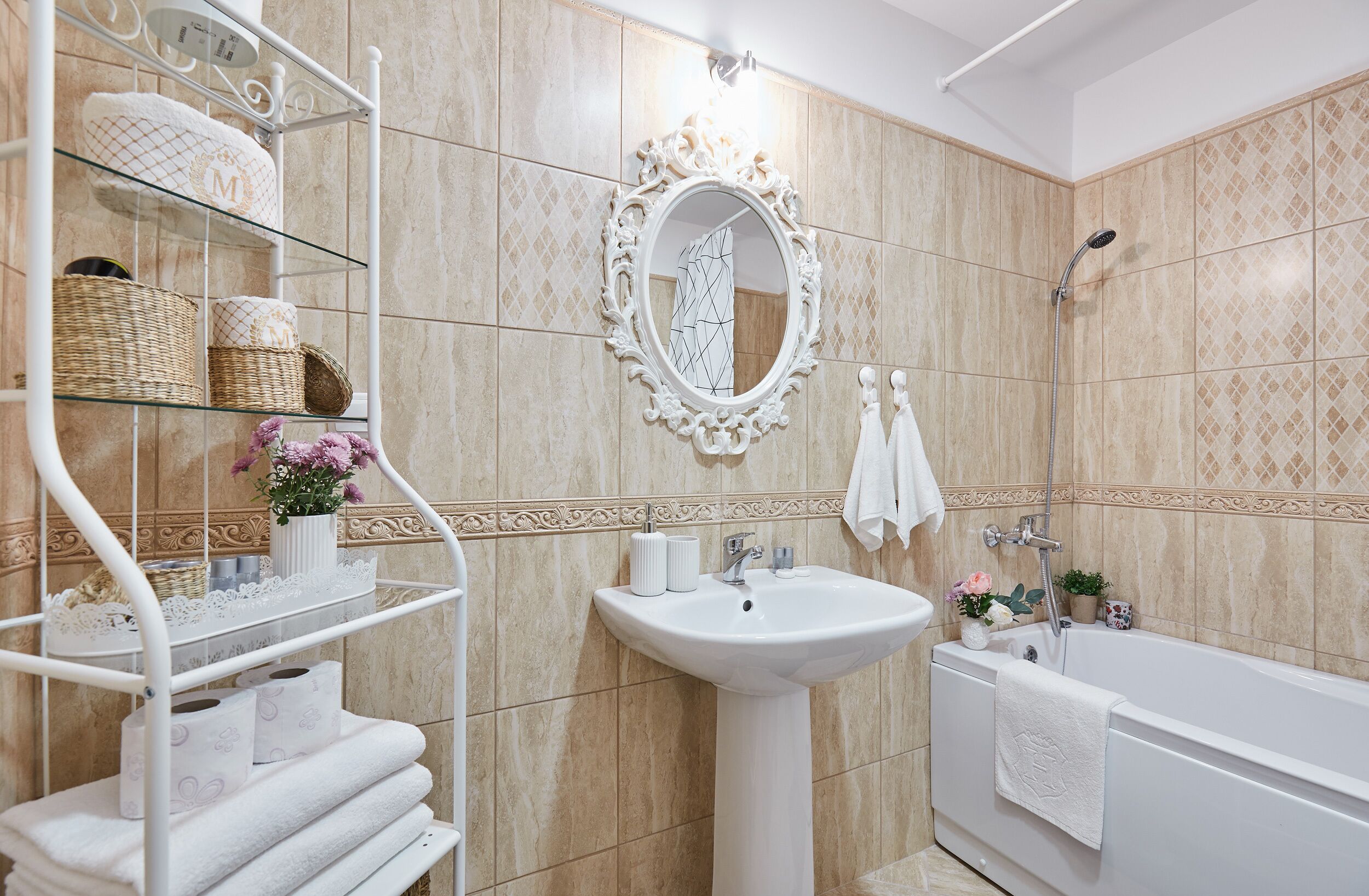 Hair dryer, towels, shampoo