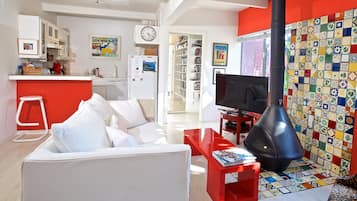 Smart TV, fireplace, DVD player, books